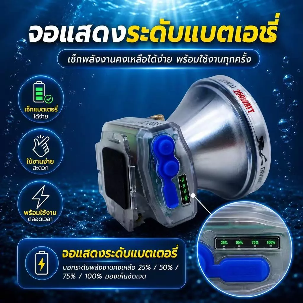 ไฟฉายคาดหัว LED ดำน้ำลึก 50 เมตร ชาร์จได้ thumbnail 6