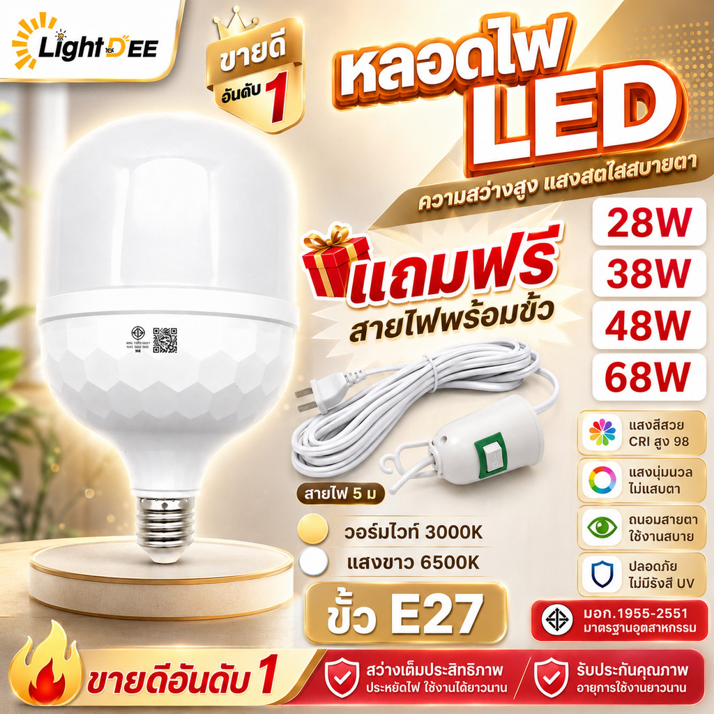 （แถม ขั้ว5m)ร้านค้าหลอดไฟ LEDเสาหลอดไฟบางเฉียบ E27 หลอดไฟ E27 358W 48W 68W 88W 135W 165W หลอดไฟ LED สว่างด้วยแสงส