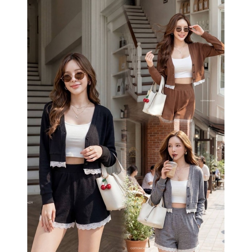 #Cotton Candy🍭set เสื้อเเขนยาว+ขาสั้น ผ้ายืดแต่งชายลูกไม้ New Cider korea set