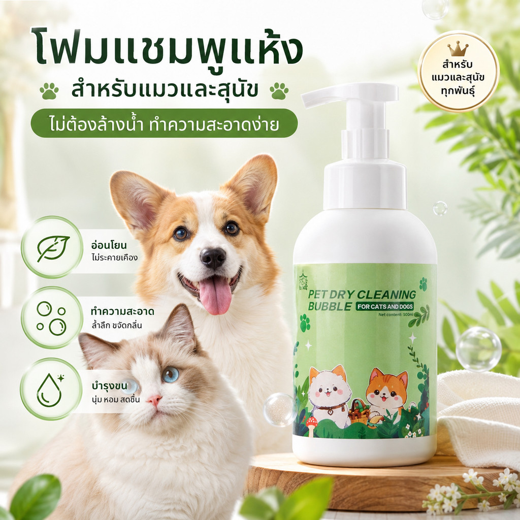 BHQแชมพูสมุนไพร โฟมอาบน้ำแห้งสัตว์เลี้ยง กำจัดเห็บหมัด ยีสต์คันเกาดับกลิ่น ส่วนผสมจากพืชธรรมชาติ