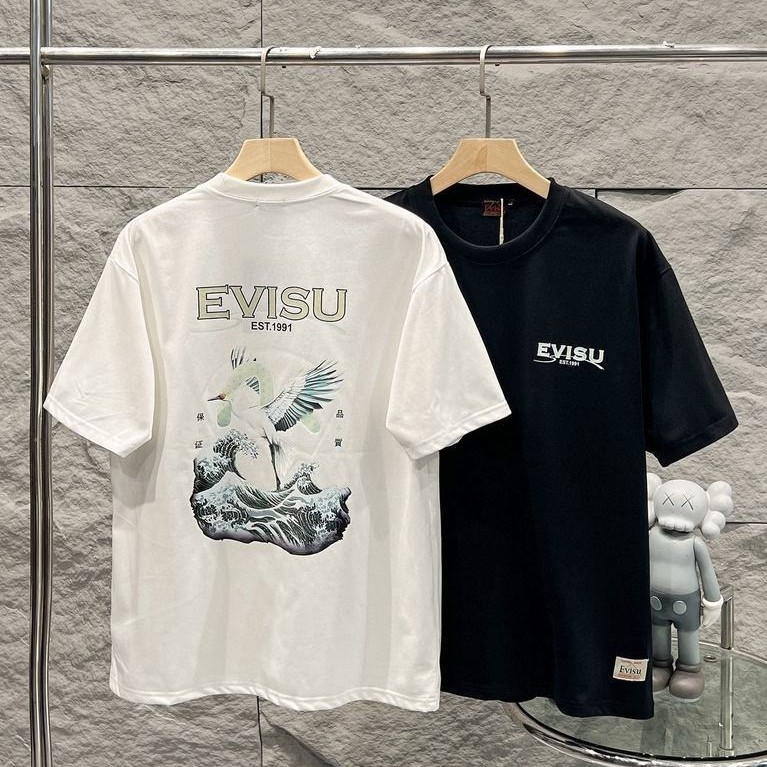 EVISU/God of Fortune 2026 เสื้อยืดแขนสั้นคอกลมสไตล์คู่ผู้ชายสีทึบหลวมขนาดใหญ่เว็บไซต์อย่างเป็นทางการ