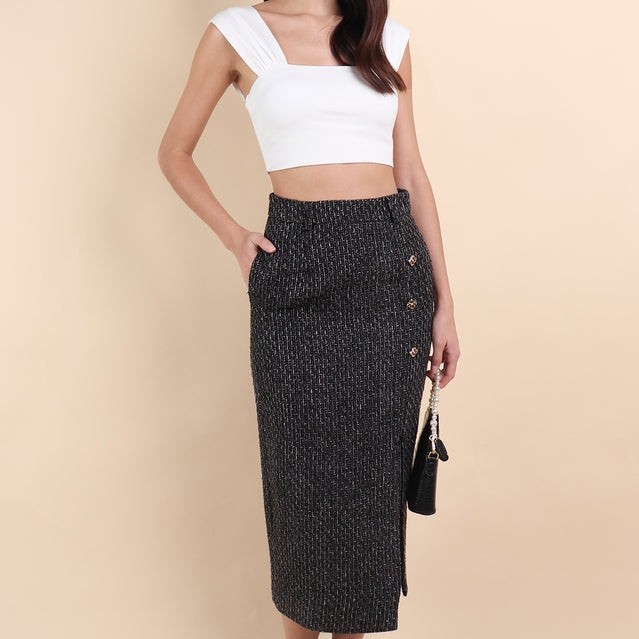 WINSTON TWEED SLIT MIDI SKIRT สีดํา