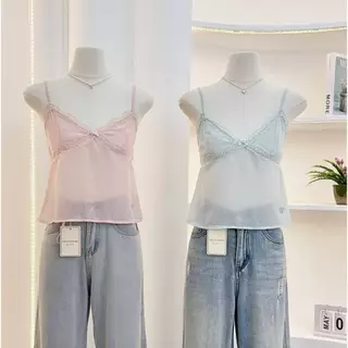 KN.Clothes เสื้อสายเดี่ยว แต่งลูกไม้ โบว์หน้า ผ้าเบาบาง ใส่สบาย มีซับหน้าอก Pee Ka Nong