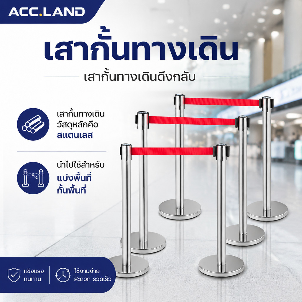 พร้อมส่ง เสากั้นทางเดินดึงกลับ สแตนเลส เสาคิว เสากั้นบริเขต ราคา/1เสา