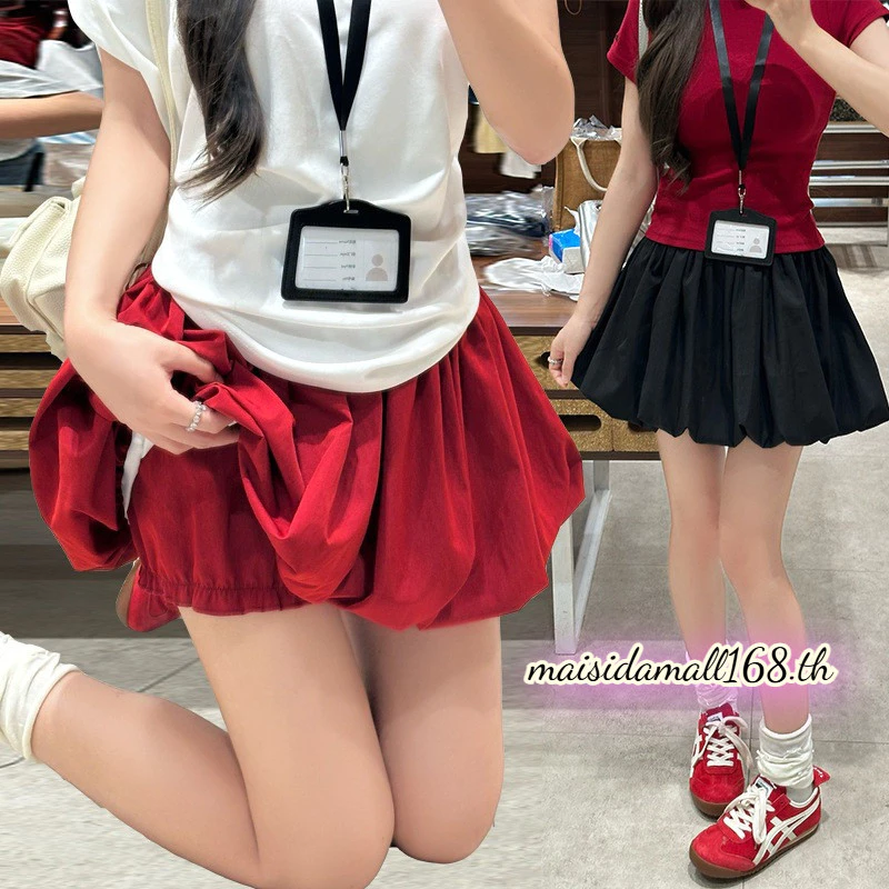 【ส่งไวจากไทย】กระโปรงเอวสูงในสไตล์เกาหลี ไซส์ใหญ่ A-line skirt สีแดง