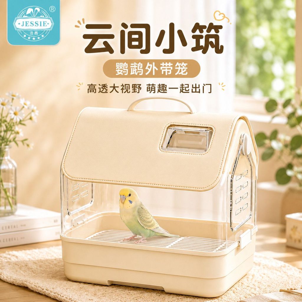 Jessie Birdcage กรงออกนอกบ้านนกแก้วแบบพกพา High Breathable Field Vision อะคริลิคน่ารักเดินทาง
