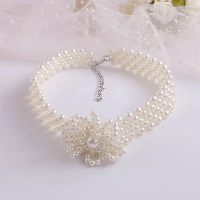 Hand-Woven Pearl choker 90s เลียนแบบ Pearl Multi-Layer สร้อยคอ Retro Palace สร้อยคอ Hepburn สร้อยคอ 