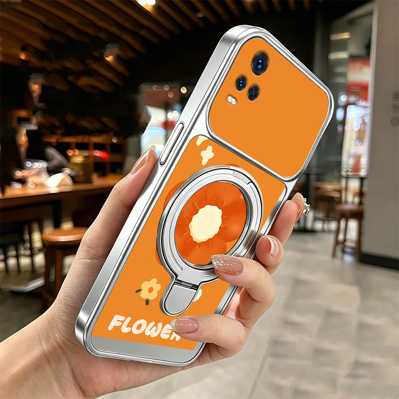 PBZZ สําหรับ vivo v20 PRO v20se v23e v23 v21 v21e 5G เคสโทรศัพท์ Softcase ซิลิโคนกันกระแทกใหม่ออกแบบความงามพร้อมผู้ถือดอกไม้สีส้มน่ารักสําหรับสาว DSCSUZJ1