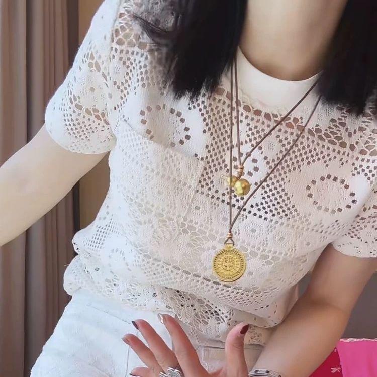 [จํากัดเวลา เซคคิล] เสื้อยืดแขนสั้นลูกไม้กลวงกระเป๋าสีทึบผู้หญิงฤดูร้อน