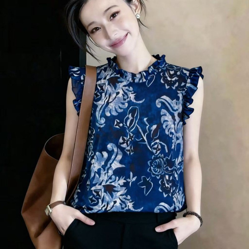 เสื้อแขนกุดลายดอกไม้ลูกไม้คอปกลูกไม้ฤดูร้อนสําหรับผู้หญิง
