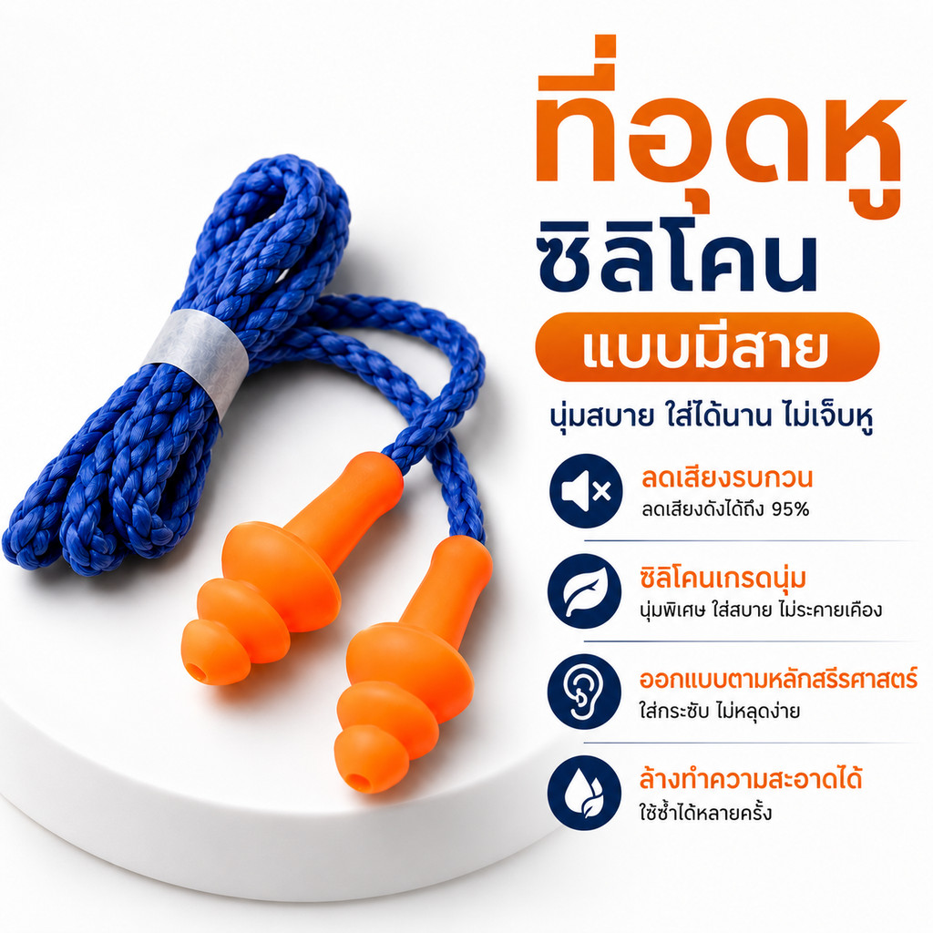 ที่อุดหูซิลิโคนมีสาย ลดเสียงรบกวน ปลั๊กอุดหูกันเสียง ใส่สบาย สำหรับงานช่าง โรงงาน ก่อสร้าง
