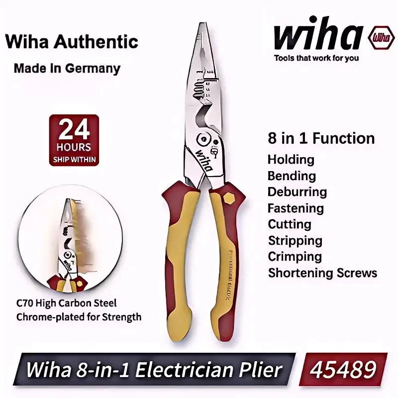 Wiha 45489 มัลติฟังก์ชั่น 8-in-1 อุตสาหกรรมช่างไฟฟ้าเครื่องปอกสายไฟฉนวนชี้ Crimping และคีมตัด 1000V