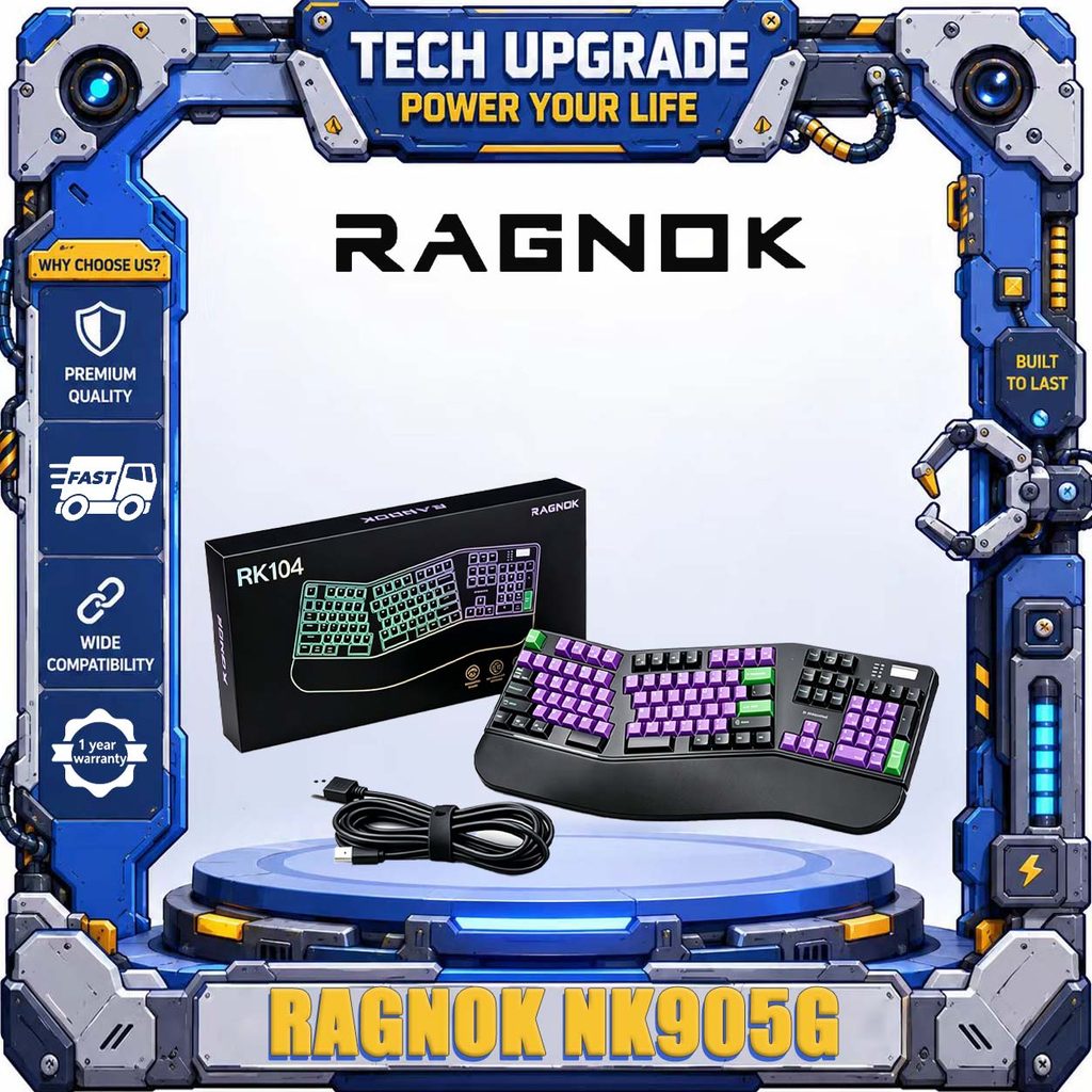 RAGNOK NK905G เกมความหน่วงต่ําไร้สายสามโหมดอีสปอร์ตคีย์บอร์ดเชิงกลตามหลักสรีรศาสตร์ไซเบอร์พังค์