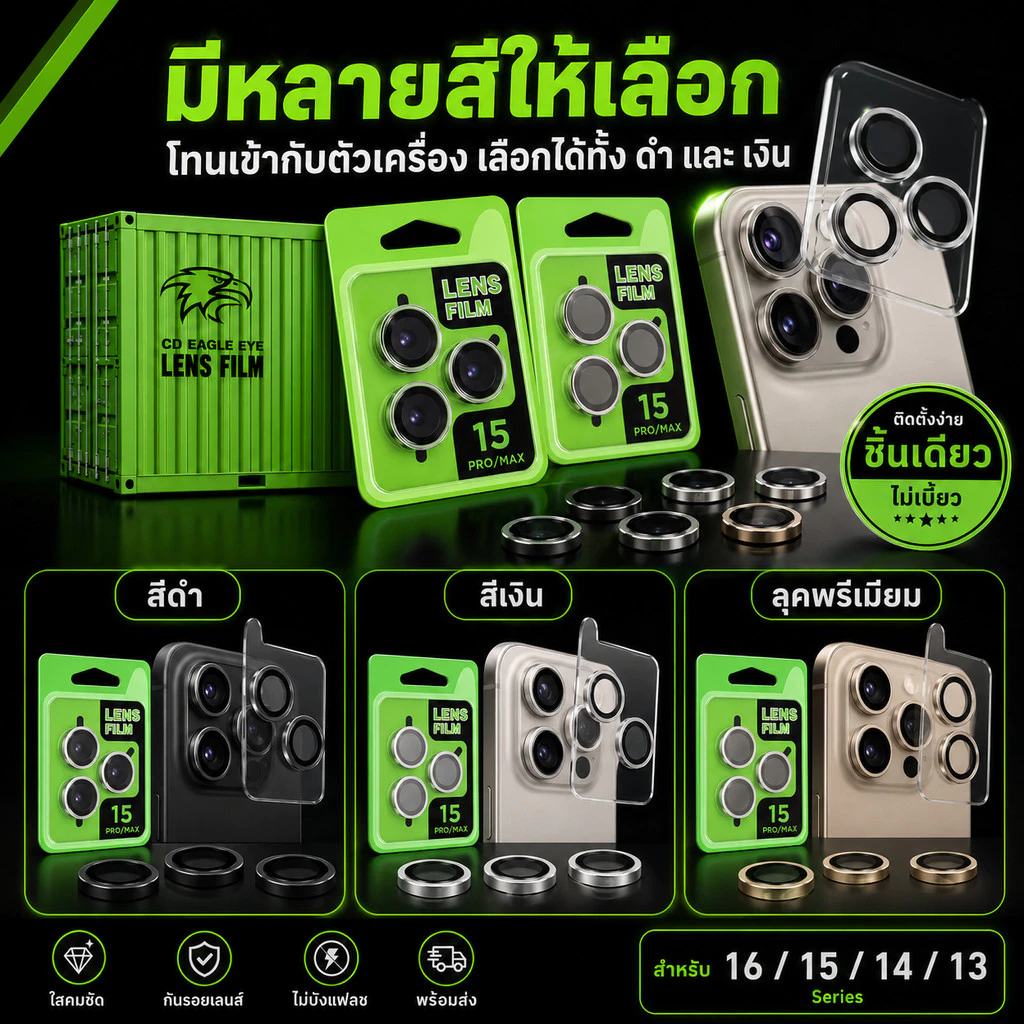 （ราคาชุด）ฟิล์มเลนส์กล้องแบบใหม่ แบบมีบล๊อก ติดง่าย แค่วาง สำหรับ iPHONE17PROMAX 17AIR 16 16PROMAX 15PRO 14PLUS 13PRO 12 thumbnail 8