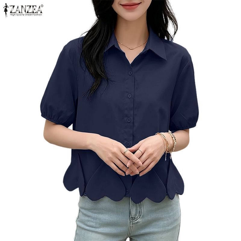 ZANZEA เสื้อผ้าผู้หญิงแฟชั่นลําลองเกาหลี Turn-down Collar แขนสั้น Heart 3D ดอกไม้ตกแต่งเสื้อ — صورة 6