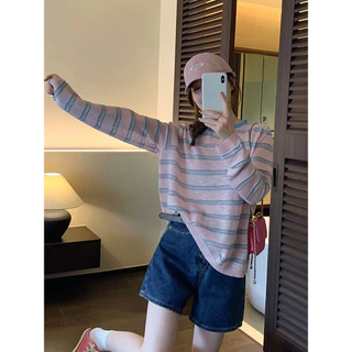 Vogue🌟พร้อมส่ง🌟 เสื้อโอเวอร์ไซส์แขนยาวคอกลม ลายทางสีพาสเทลน่ารักๆ บางเบาใส่สบาย (B357)