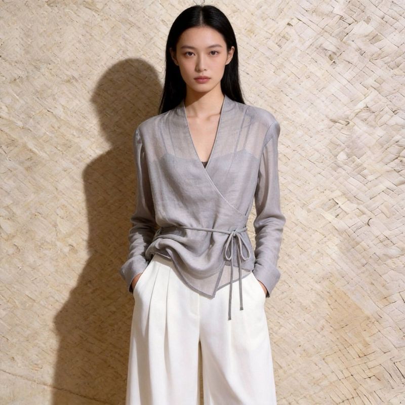 French Laced-Up Long-Sleeved 2026 Tulle Summer Design เสื้อเชิ้ตขนาดเล็กสไตล์ใหม่แฟชั่นด้านบน