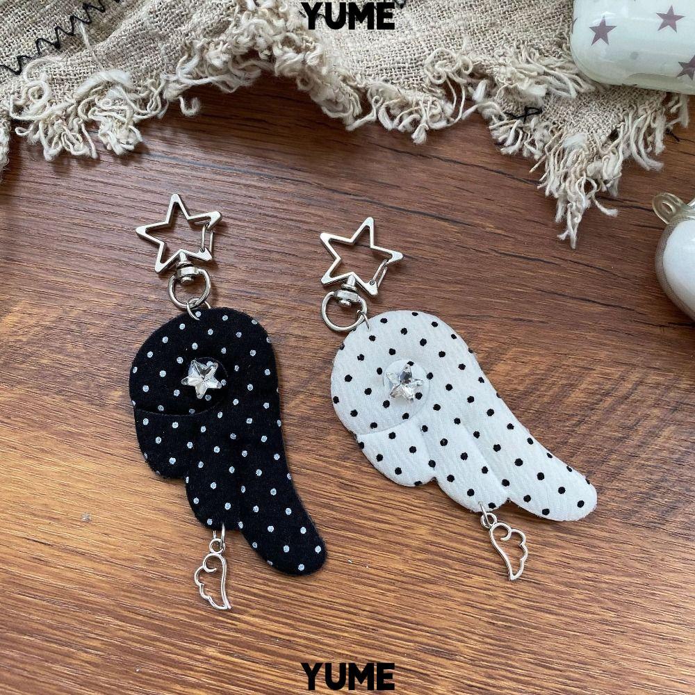 YUMEIYU พวงกุญแจปีกนางฟ้าวินเทจ, การออกแบบลายจุด Angel Wing Shape Polka Dot พวงกุญแจ, Y2K อินเทรนด์วัสดุผ้า Rhinestone ตกแต่ง Rhinestone พวงกุญแจกระเป๋า Charm