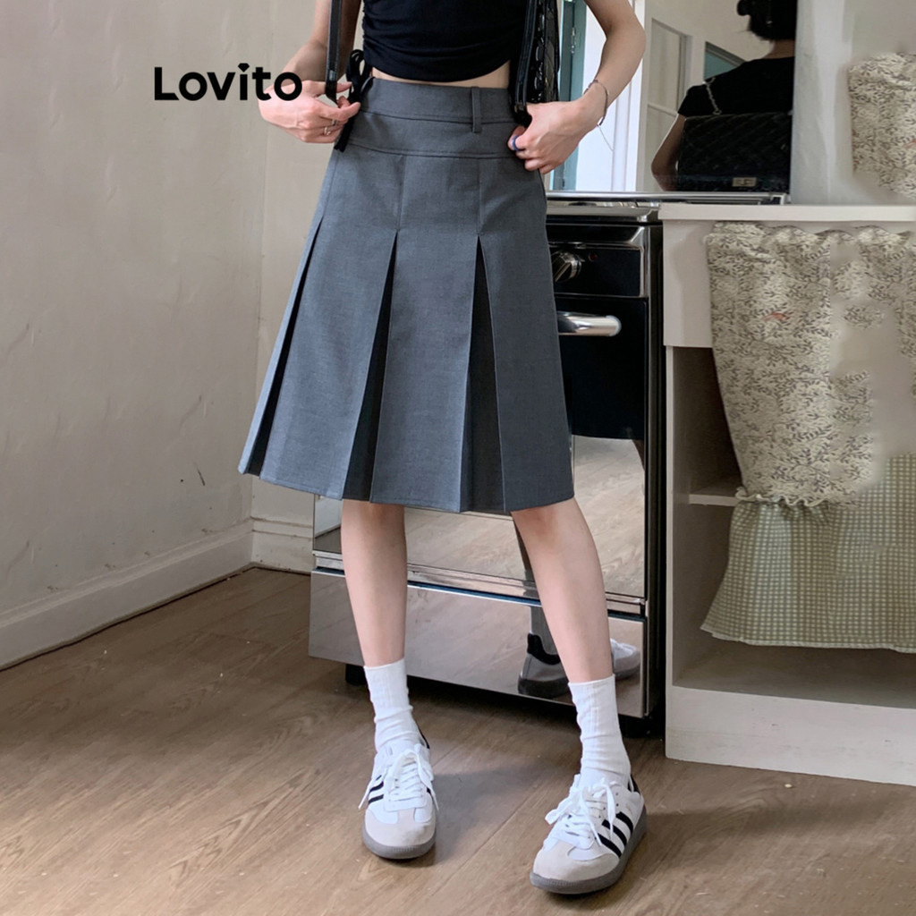 (KOL‘s pick) Lovito กระโปรงผู้หญิง ทรงเบสิก แต่งจีบ สีพื้น สไตล์ลำลอง LNE29157 (สีเทา)