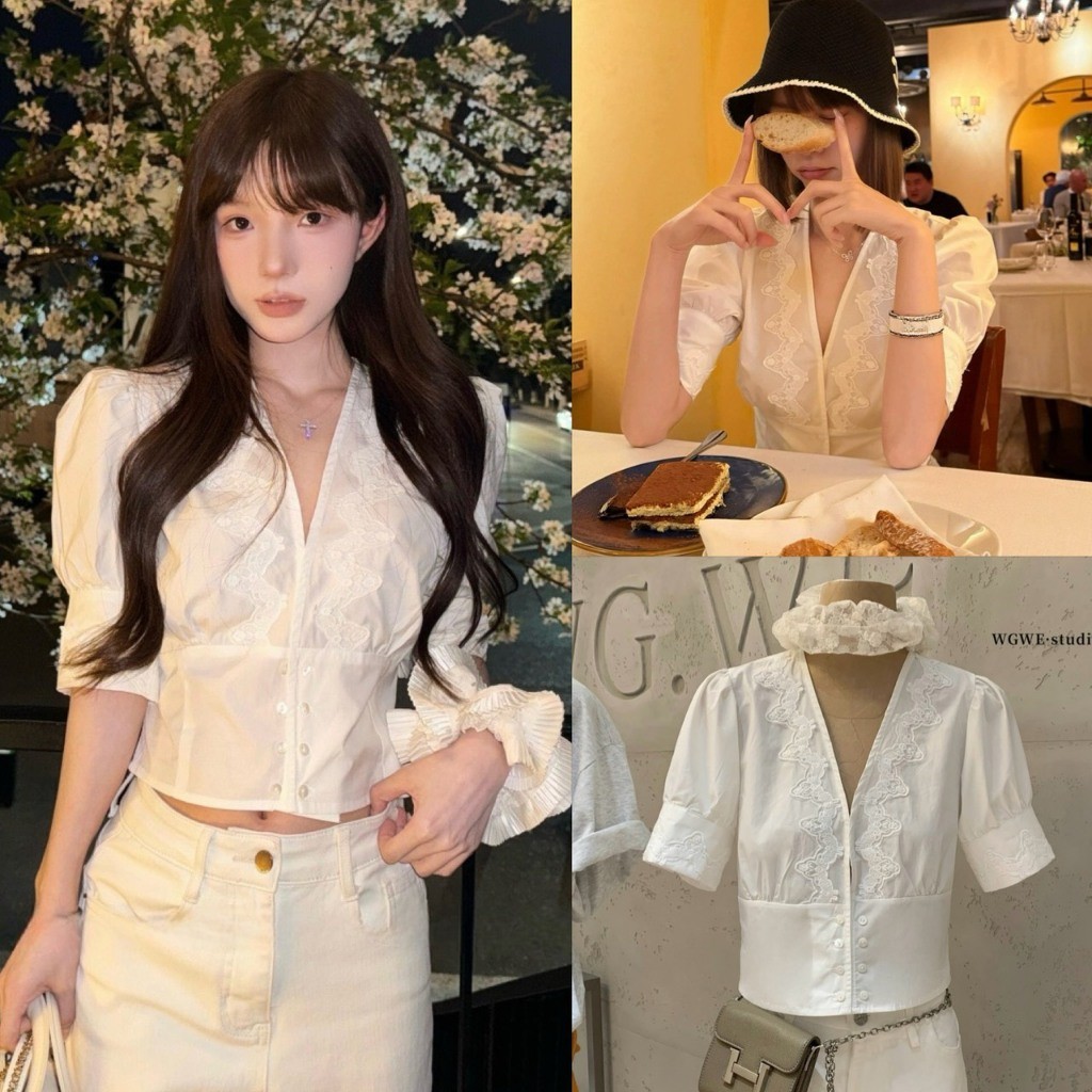 ❤ 🧵 🇰🇷 W9689 เสื้อคอวี แต่งลูกไม้ที่ตัวเสื้อ ผ้าเชิ้ตอยู่ทรงนะคะ  งานทรงสวย ผ้าดี สีสวยมากๆค่า แฟชั่นเกาหลี TAG WG.WE 🧡