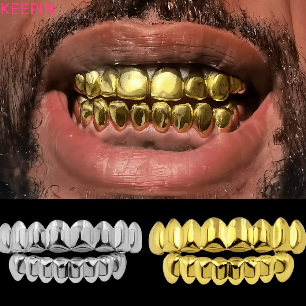 KEEPIN ฟัน Grillz ชุดด้านล่างด้านบน, Shiny Anti Slip ฟัน Grillz Caps, แฟชั่นเป็นมิตรกับสิ่งแวดล้อมทองแดงทองเงินฟันเครื่องประดับ Rapper