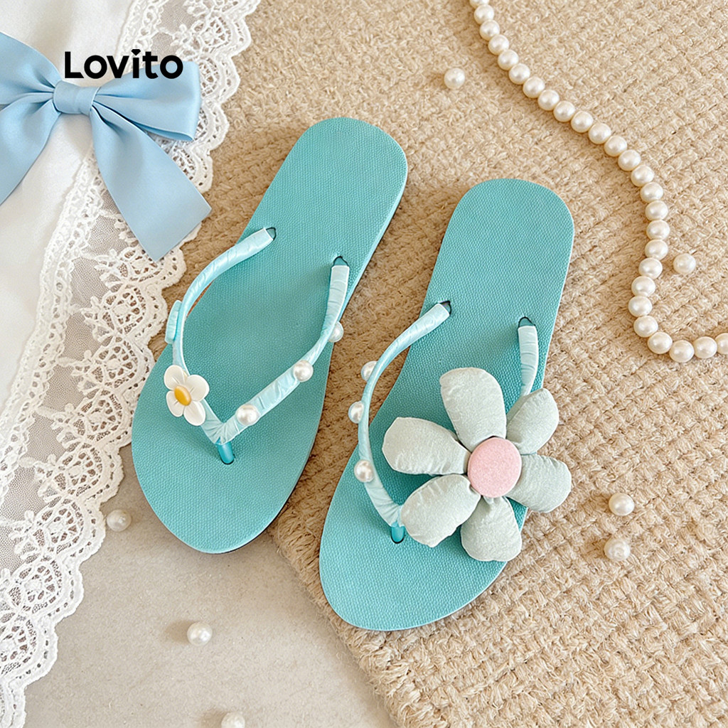 Lovito  รองเท้าแตะแบบแบนลําลอง ลายดอกไม้รีสอร์ท โทนสีแดงกุหลาบ สําหรับผู้หญิง LFA112087