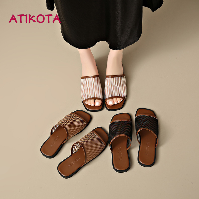 Atikota ติ๊ก ผู้หญิงสบายๆตาข่ายแบนรองเท้าแตะเปิดนิ้วเท้าสบายน้ําหนักเบาระบายอากาศฤดูร้อนทุกวันรองเท้า