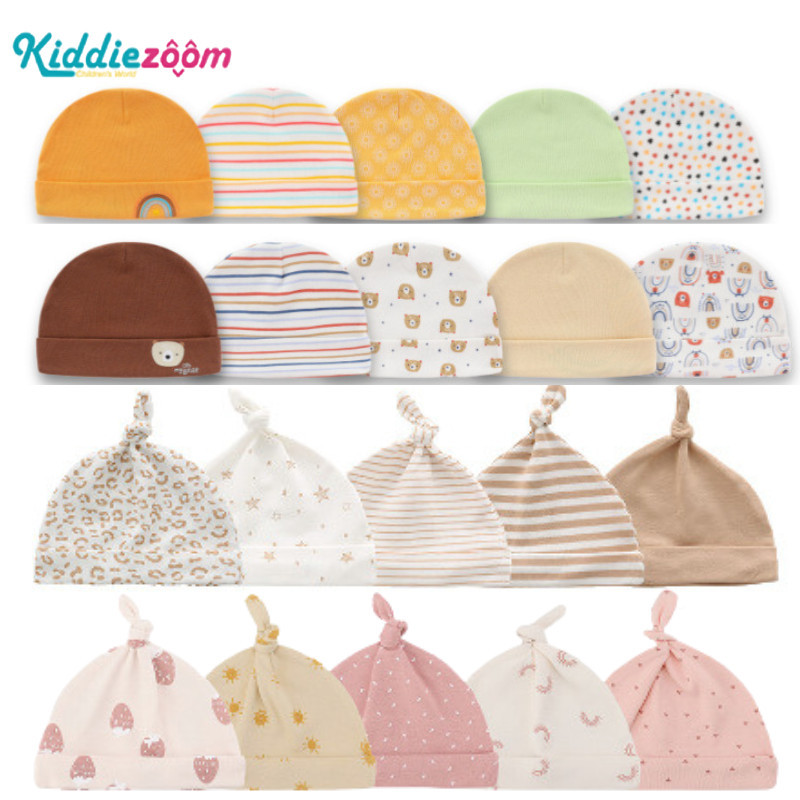 5ชิ้นแรกเกิดเด็กทารกหญิงหมวกชุด100% ผ้าฝ้าย0-6เดือนสีทึบเด็กน่ารักพิมพ์รูปแบบหมวกทารกทารกแรกเกิดหมวก