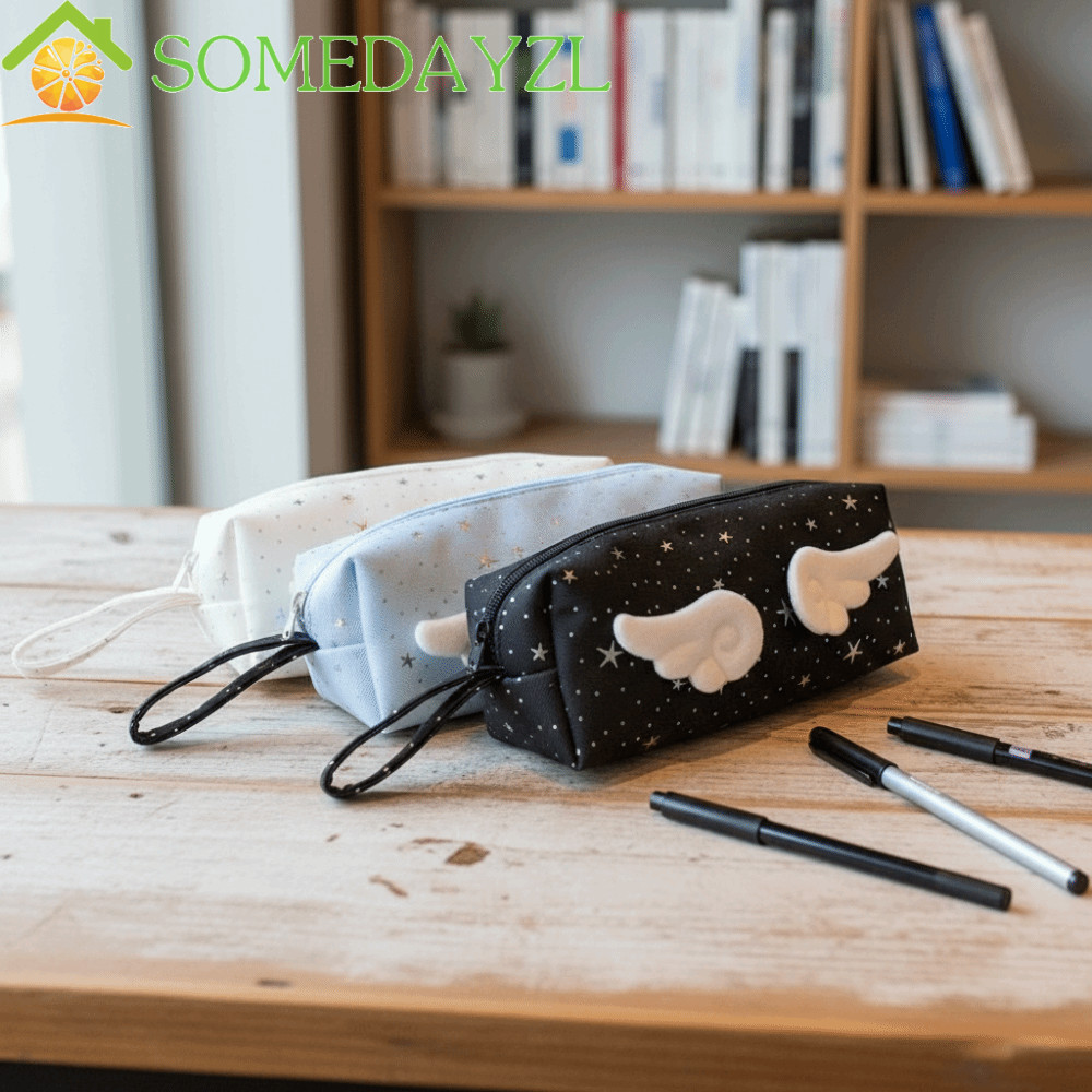 SOMEDAYZL Wings Star Dots กล่องดินสอ, Y2k Desktop Storage สไตล์เกาหลีปากกากระเป๋า,หวานเครื่องเขียนขนาดใหญ่ความจุพิมพ์ผ้ากระเป๋าเครื่องเขียนนักเรียน