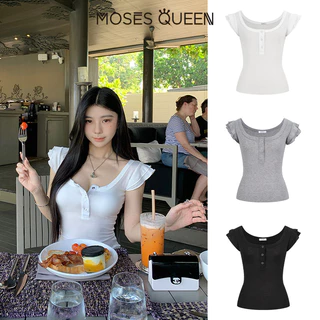 MOSESQUEEN มอสส์ ราชินี ปุ่มคอเหลี่ยมตกแต่ง แขนสั้น สไตล์หวานและเย็น พื้นฐานหลากสีสำหรับวันสบายๆ #63467