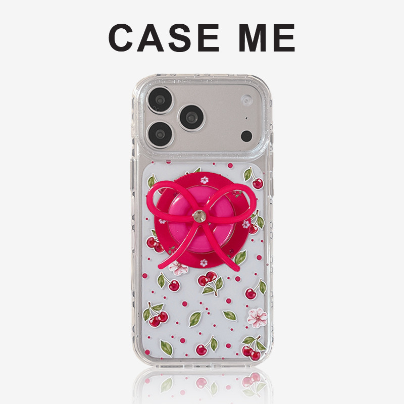 Simple โปร่งใสดอกไม้เชอร์รี่ Polka Dots Bowknot Kickstand เคสโทรศัพท์มือถือแม่เหล็กสําหรับ iPhone 17 16 15 Pro Max กันกระแทก Anti-fall IMD ฝาหลัง