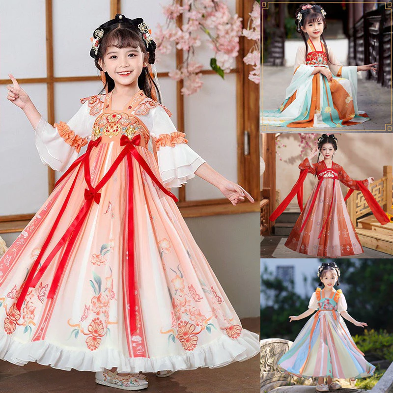 ชุดฮั่นฝู จีนโบราณ แขน 3ส่วน มีให้เลือกหลายขนาด เหมาะสำหรับเด็กผู้หญิง
