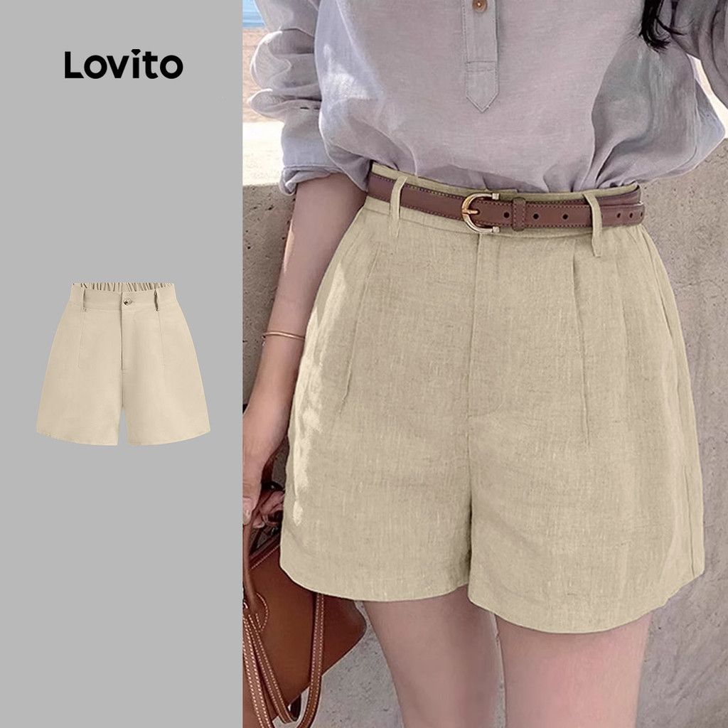 Lovito ชุดกางเกงขาสั้นแคชชวลสำหรับผู้หญิง เหมาะสำหรับใส่ทำงาน ใส่แคชชวล และใส่ในฤดูใบไม้ผลิ/ฤดูร้อน (มีกระดุม) L164ED255
