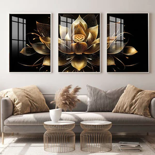 ชุดภาพประดับผนัง 3D ดอกบัวสีทอง 3 ชิ้น สไตล์หรูหราโมเดิร์น ตกแต่งห้องนั่งเล่น