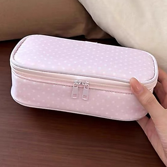 กล่องดินสอความจุขนาดใหญ่ สีชมพู จุด พลิก-สูงสุด กล่องดินสอ 3ง กล่องเครื่องเขียน อินสตาแกรม กระเป๋าเครื่องสําอาง รางวัลของขวัญ อุปกรณ์สํา