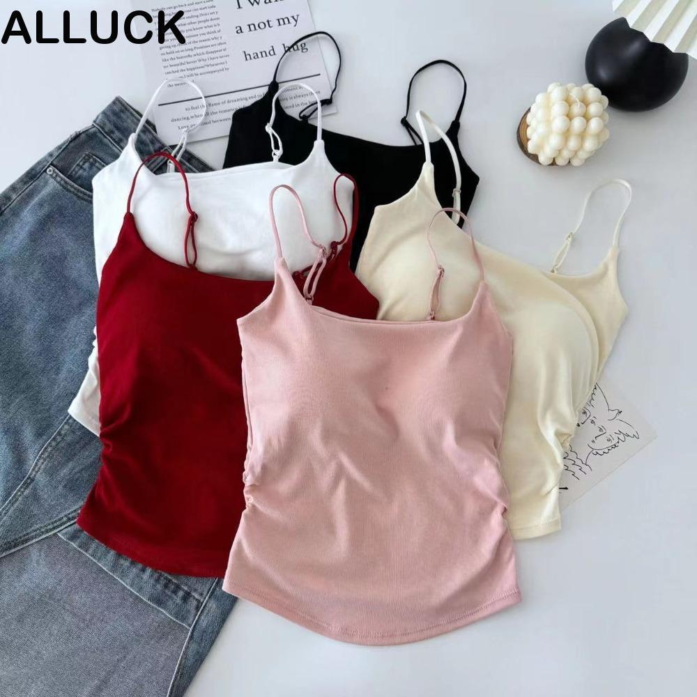 ALLUCK เสื้อกั๊กสายคล้องไหล่บางพร้อมแผ่นรองหน้าอกเสื้อกั๊กแฟชั่นฤดูร้อนนุ่มสีทึบ Slim Top