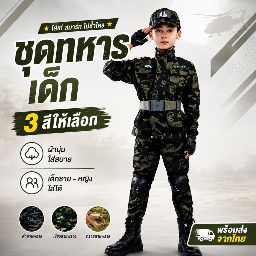 ชุดยูนิฟอร์มทหารเด็ก ลายพรางสุดเท่ ผ้านุ่ม ใส่สบาย เหมาะสำหรับกิจกรรมกลางแจ้ง แฟนซี และคอสเพลย์