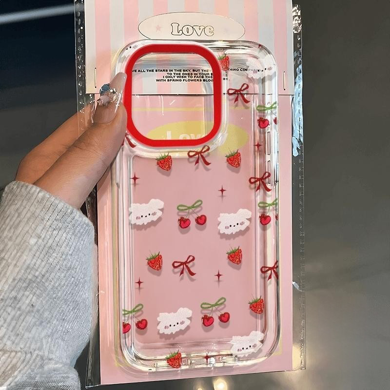 For iPhone เคสไอโฟน สตรอว์เบอร์รีกับสุนัขตัวน้อย   งดงาม ง่าย และทันสมัย 11 17 12 13 สีดำ, ขอบสีขาว เคสไอโฟน 14 15