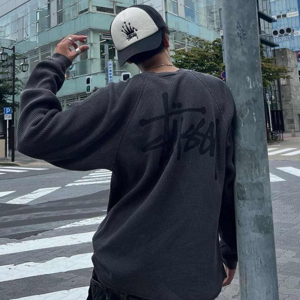 TJZ7 St--sy Large letter print design, raglan sleeves, waffle knit, round neck, long sleeves T T-shi