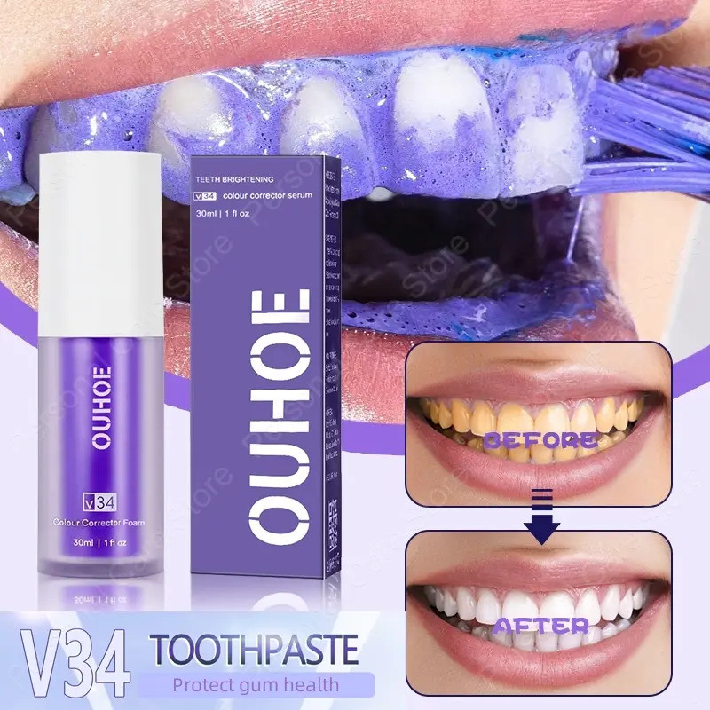 ยาสีฟันฟอกสีฟัน V34 Colour Corrector โฟมสีม่วง ฟัน Brightening Tartar Plaque Remover KWY6