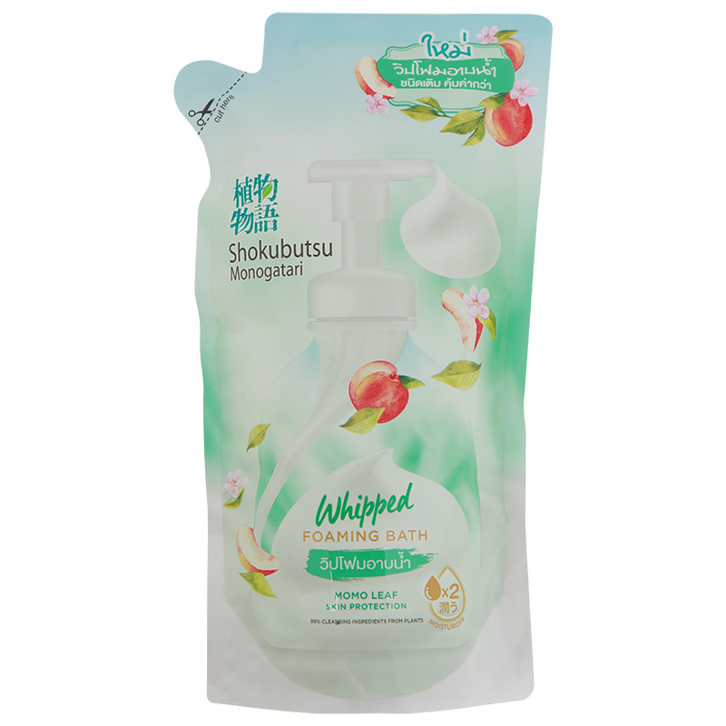 โชกุบุสซึวิปโฟมอาบน้ำโมโมลิฟรีฟิล 450มล. Shokubutsu Whipped Foaming Bath Momo Leaf Refill 450ml. [8850002038226 ]