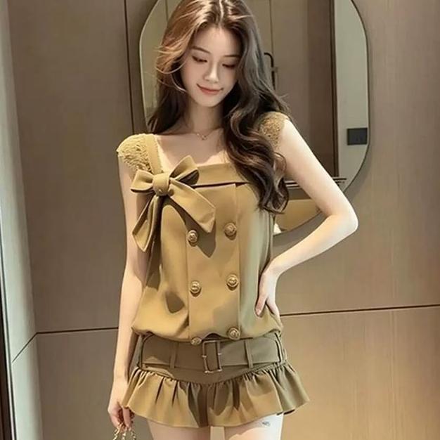[จํากัดเวลา Seckill] ชุดเดรสลูกไม้โบว์ฝรั่งเศสผู้หญิงฤดูร้อนสไตล์ใหม่ดีไซน์เฉพาะเอวแคบ Slimmer ดูกระโปรงสั้นกระดุมสองแถว