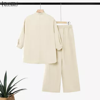 ZANZEA ซานเซีย ผู้หญิงเกาหลีลําลองสีทึบยืนปก3/4แขนด้านหน้าสั้นกลับยาวเสื้อ+กางเกงขากว้างชุดหลวม