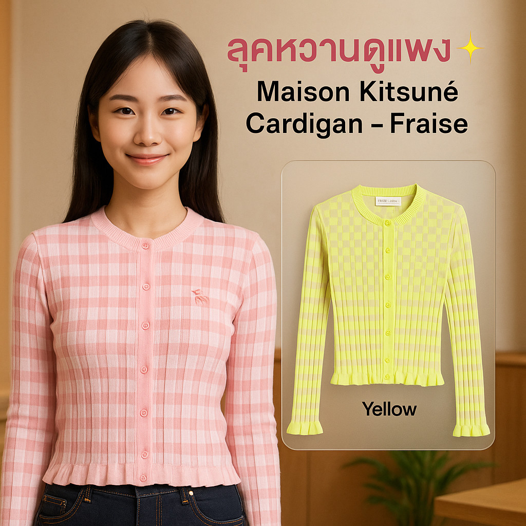 🇰🇷MAISON KITSUNE Checked Ribbed Cardigan ✨ ลุคเกาหลีคลีน แมตช์ยีนส์/เดรสก็รอด 🦊 ลุคมินิมอลสุดหรู สไต