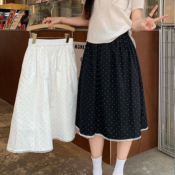 [โปรโมชั่นจํากัดเวลา] ขนาดใหญ่สไตล์อ่อนโยน Polka Dot All-Match ลูกไม้เย็บกระโปรงผู้หญิงฤดูร้อนสไตล์ใหม่เอวยางยืด Slimmer ดู A-Line กระโปรง
