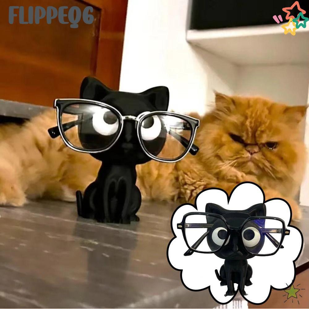 FLIPPEQ6 ที่วางแว่นตา, มัลติฟังก์ชั่สก์ท็อปเก็บแว่นตาสนับสนุนผู้ถือ,น่ารักมินิแสดงเครื่องประดับสีดําแมวแว่นตาชั้นเก็บโต๊ะจัด