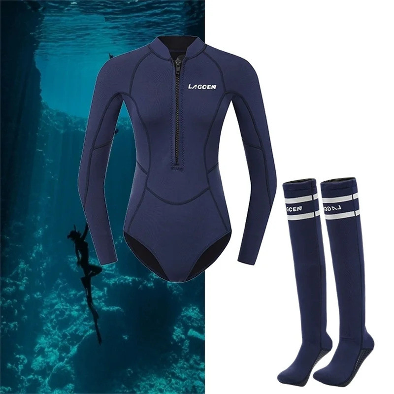 3MM Neoprene บิกินี่ Wetsuit พร้อมถุงน่องชุดฤดูร้อนผู้หญิงแขนยาวชุดดําน้ํา Sun-proof Surfing ดําน้ําดูปะการังความร้อนชุดว่ายน้ํา
