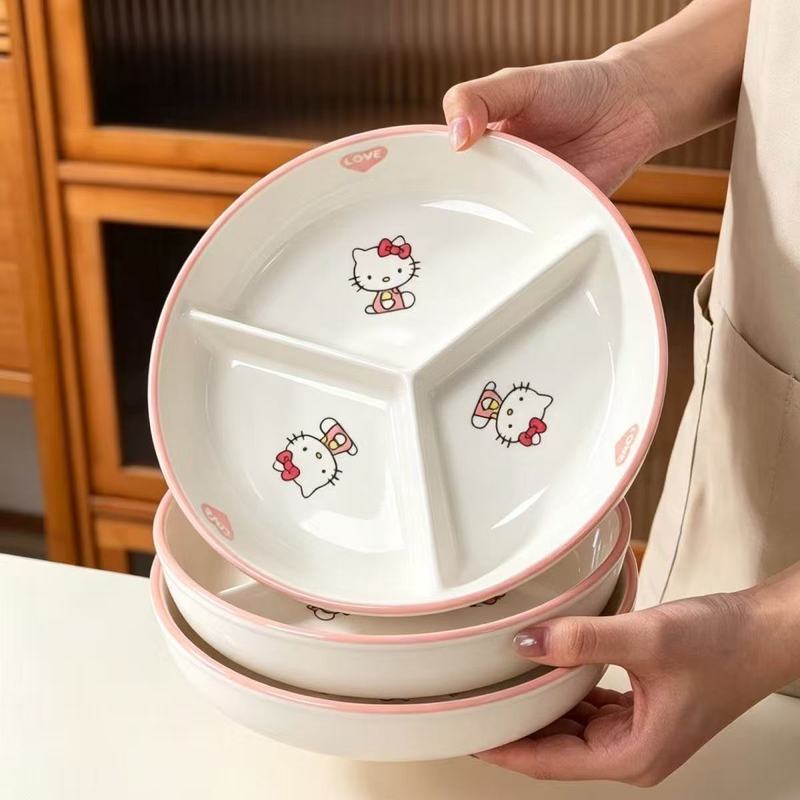 เซรามิค KT Cat จานแบ่งเด็กถาดแบ่ง Steamer-Safe จาน 3 ช่องไขมัน-การสูญเสียแผ่นรอบถาดเสิร์ฟ