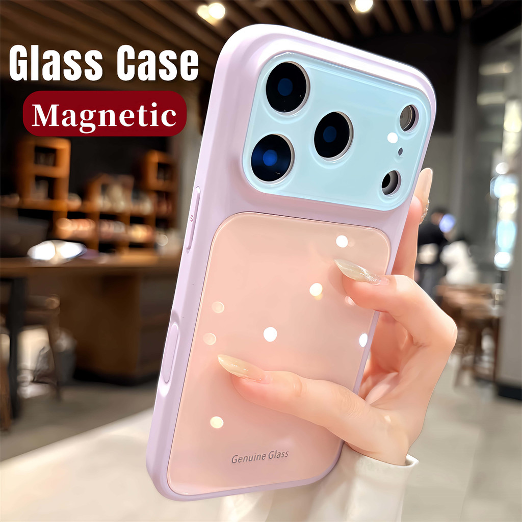Macaroon สีกระจกนิรภัยเคสโทรศัพท์สําหรับ IPhone 17 Pro Max 14 15 16 Pro Max ปลอกซิลิโคนแม่เหล็ก Ai ปุ่มป้องกันฝาครอบกันกระแทก
