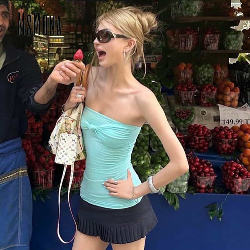 MsMona ผู้หญิง 2026 ใหม่ Knot สีทึบแฟชั่น Tube Tops + ชุดกางเกงขาสั้น